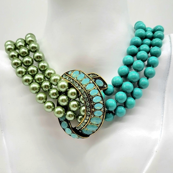 Heidi Daus Rare 80s Vintage Half Pearl Half Turquoise Choker w/ Crystal Pendant - Picture 1 of 11